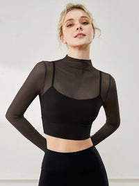 Stylish Mesh Breathable Small Round Neck Long Sleeve Crop Top