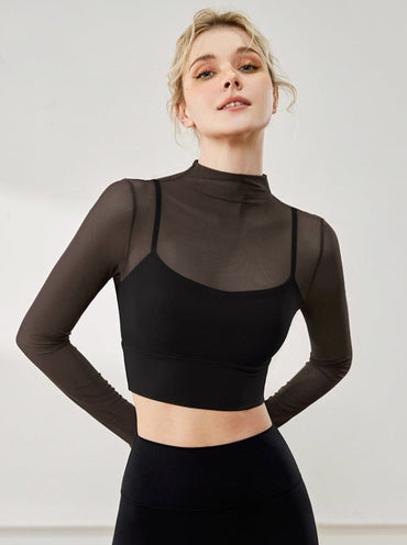 Stijlvolle mesh ademende kleine ronde hals lange mouw crop top