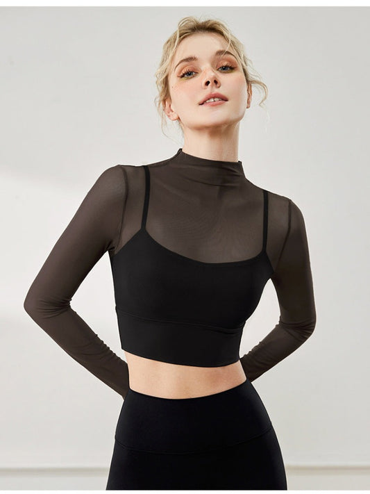 Stylish Mesh Breathable Small Round Neck Long Sleeve Crop Top