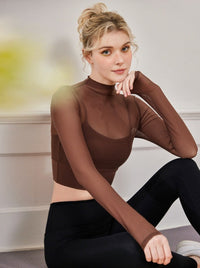 Stijlvolle mesh ademende kleine ronde hals lange mouw crop top