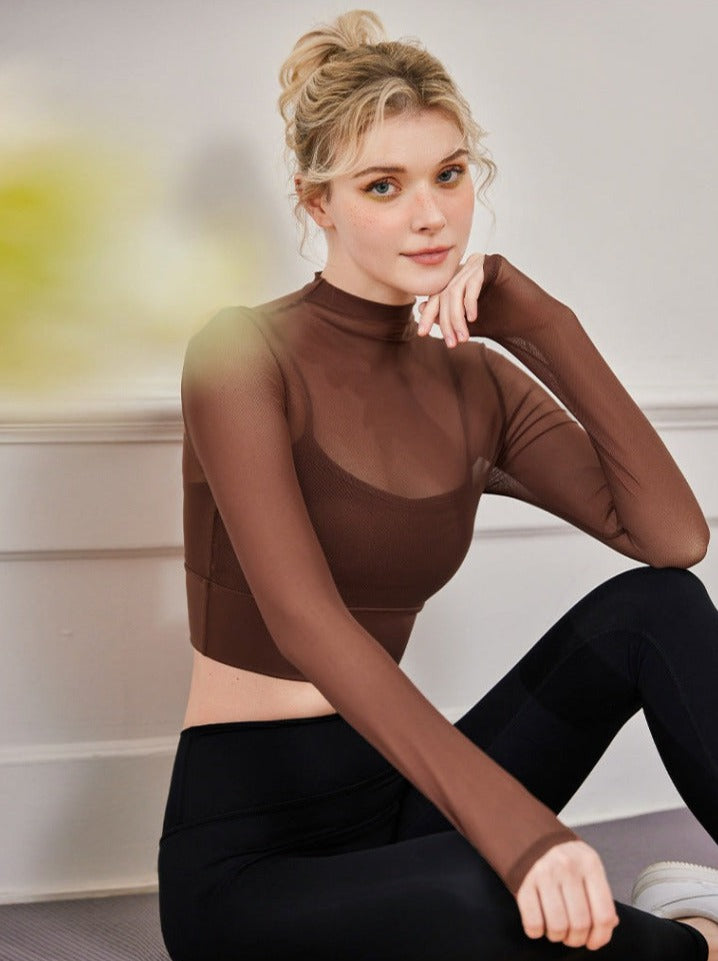 Stylish Mesh Breathable Small Round Neck Long Sleeve Crop Top