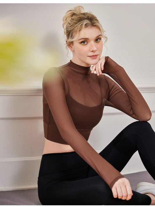 Stylish Mesh Breathable Small Round Neck Long Sleeve Crop Top