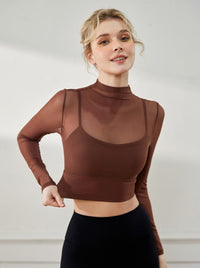 Stijlvolle mesh ademende kleine ronde hals lange mouw crop top