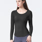 Dames sporttop met lange mouwen en patchwork mesh op de rug