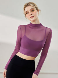 Stijlvolle mesh ademende kleine ronde hals lange mouw crop top