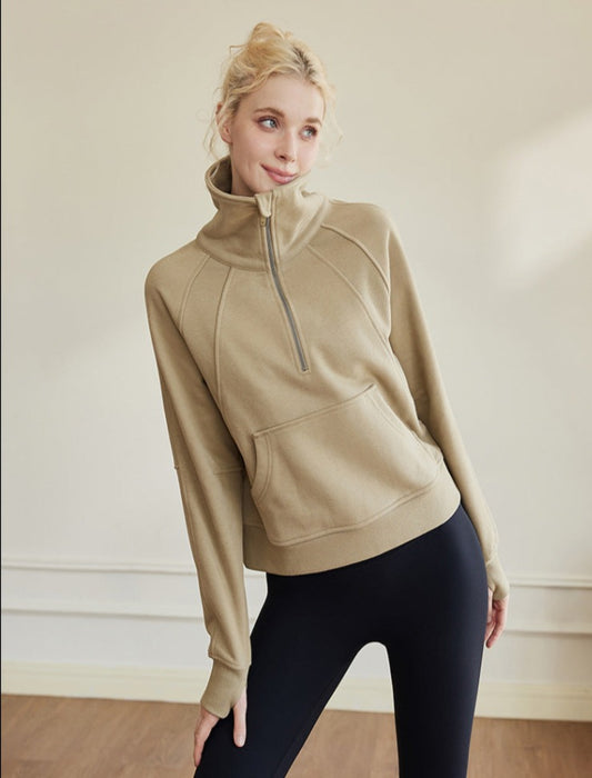 Fleece crop-sweatshirt met halve rits 