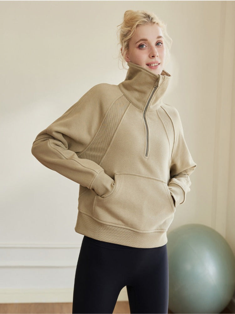 Fleece crop-sweatshirt met halve rits 