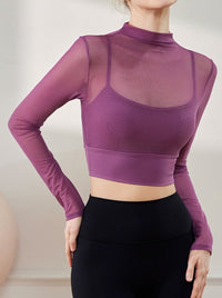 Stijlvolle mesh ademende kleine ronde hals lange mouw crop top