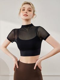 Stijlvolle mesh ademende kleine ronde hals korte mouwen crop top