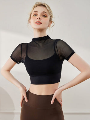 Stylish Mesh Breathable Small Round Neck Short Sleeves Crop Top