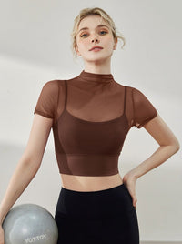 Stijlvolle mesh ademende kleine ronde hals korte mouwen crop top