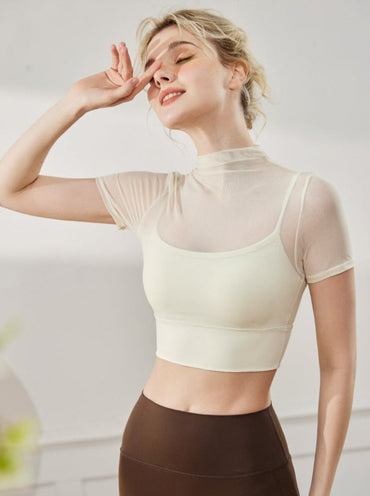 Stylish Mesh Breathable Small Round Neck Short Sleeves Crop Top