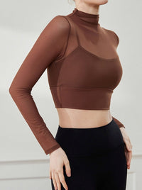 Stijlvolle mesh ademende kleine ronde hals lange mouw crop top