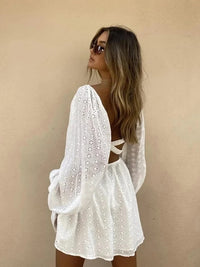 White Lace Backless Lantern Sleeve Sundress