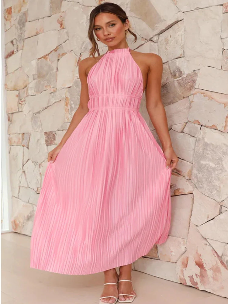 Elegant Pink Backless Halter Maxi Dress