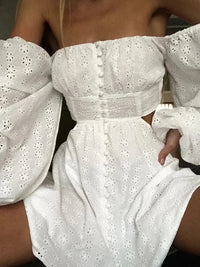 White Lace Backless Lantern Sleeve Sundress