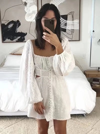 White Lace Backless Lantern Sleeve Sundress