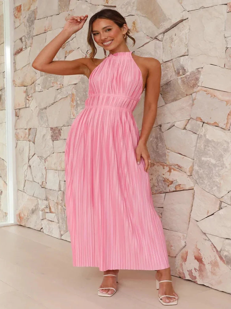 Elegant Pink Backless Halter Maxi Dress