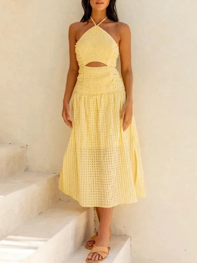 Yellow Tie Back Strapless Halter Maxi Summer Sundress