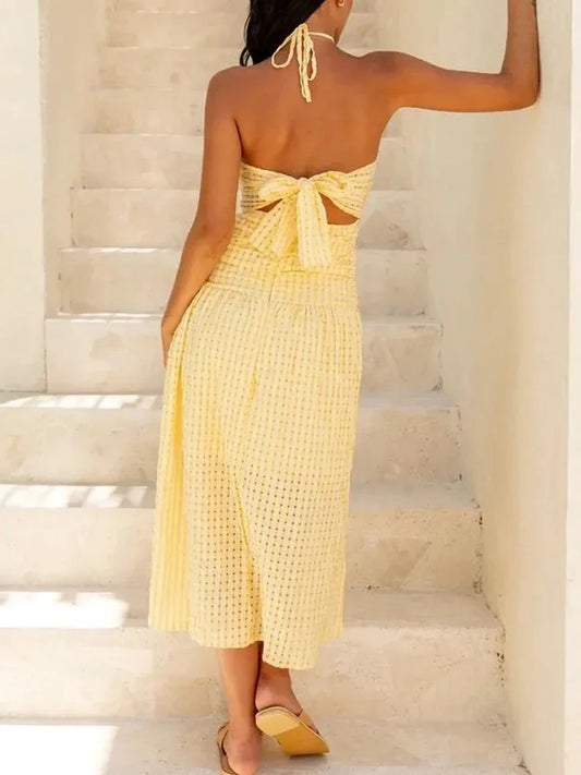 Yellow Tie Back Strapless Halter Maxi Summer Sundress