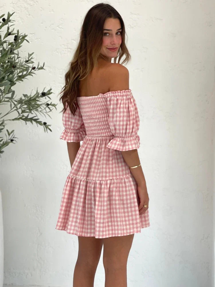 Robe courte à manches bouffantes à carreaux vichy rose