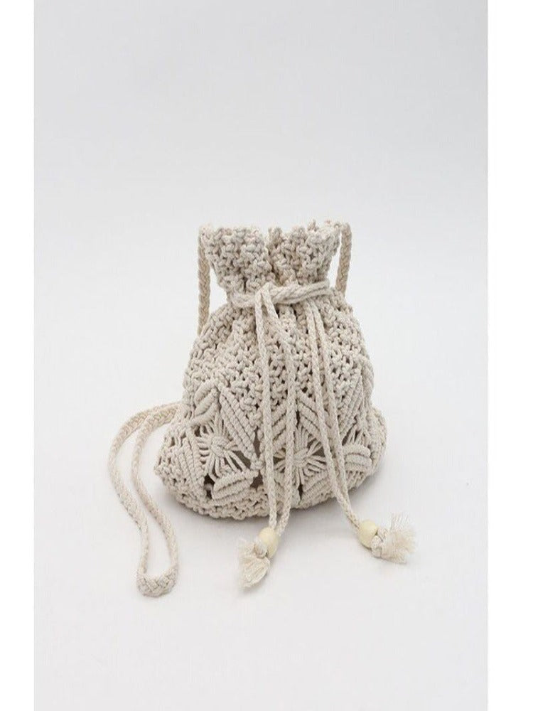Crochet Drawstring Bags for Women Bohemian Beach Bags Summer Vacation White Shoulder Bag Handmade Handbags