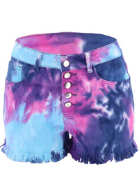 Short en jean taille haute à boutons décoratifs tie-dye délavé