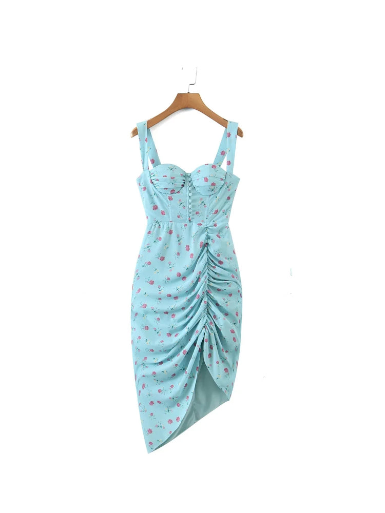 Side Ruched Button Up Vintage Boho Summer Dress Women Sleeveless Tank Slip Maxi Dress Blue Floral Chiffon Beach Dress