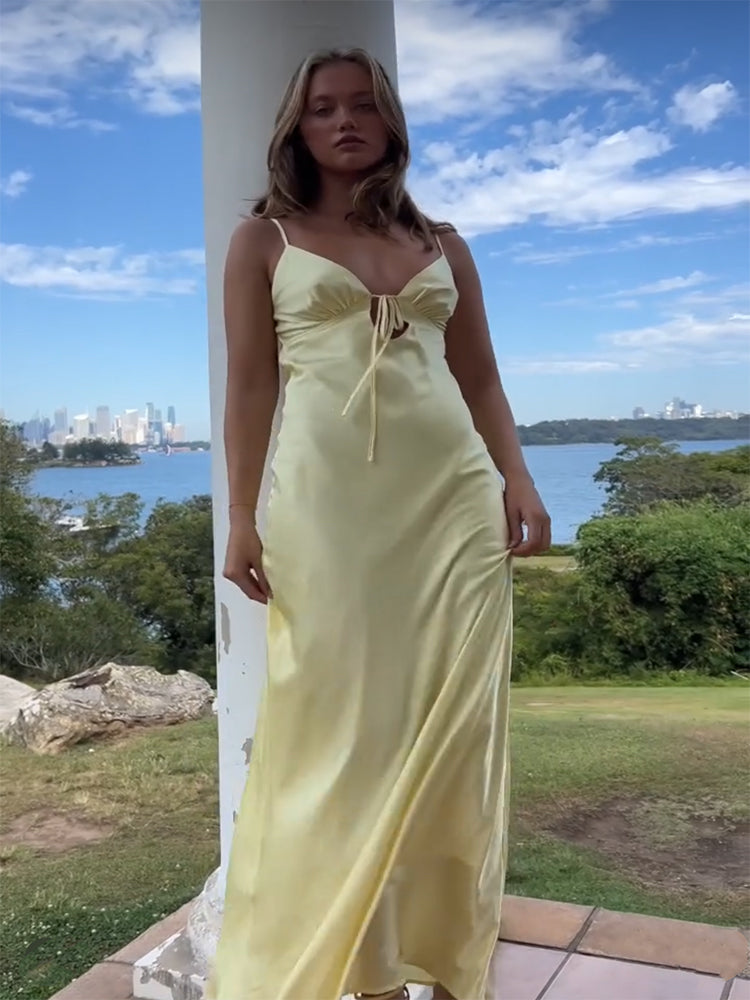 Yellow Satin Sleeveless Maxi Sundress