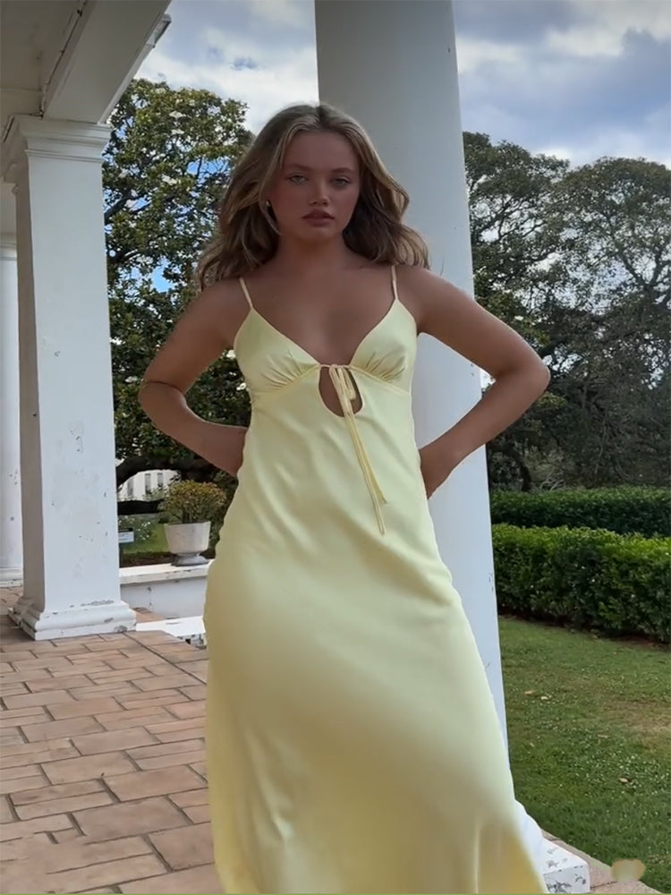 Yellow Satin Sleeveless Maxi Sundress