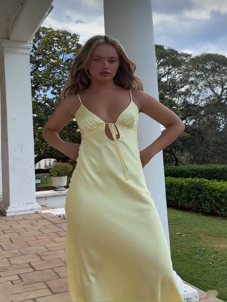 Yellow Satin Sleeveless Maxi Sundress