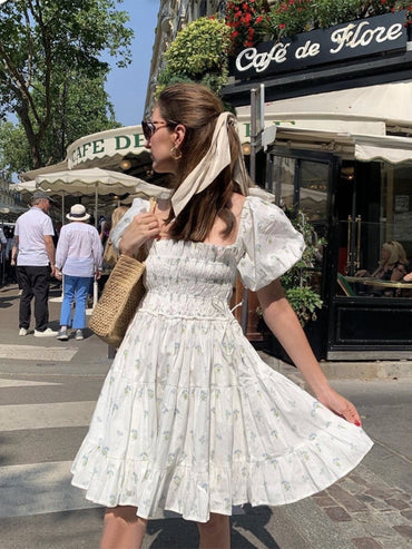 Short Puff Sleeve Mini Beach Dress in White with Floral Print