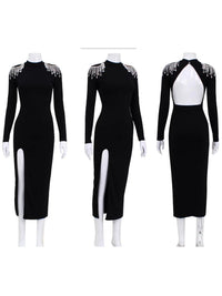 Black High Neck Rhinestone Decorative Split Hem Mid Dress - Thingy-London