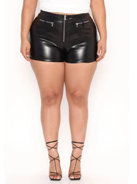 Black High Waist Decorative Zipper Faux Leather Shorts - Thingy-London