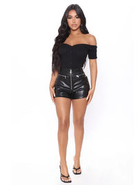 Black High Waist Decorative Zipper Faux Leather Shorts - Thingy-London