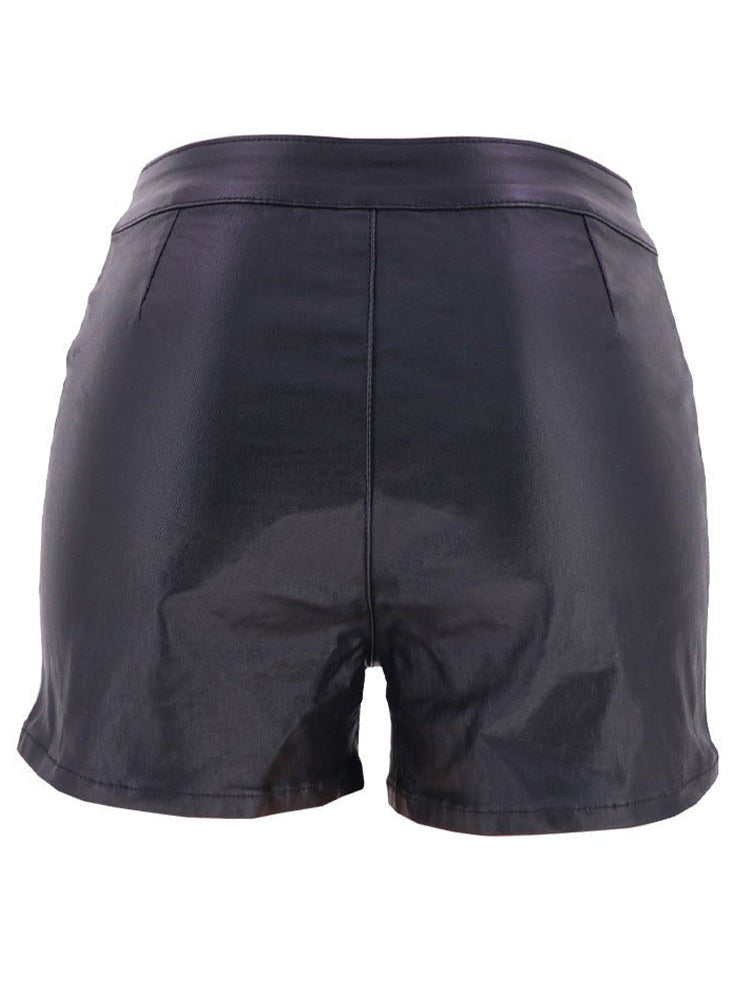 Black High Waist Decorative Zipper Faux Leather Shorts - Thingy-London
