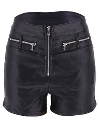 Black High Waist Decorative Zipper Faux Leather Shorts - Thingy-London