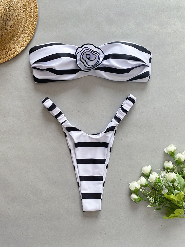 Women Striped Swimsuit Low Waist Strapless Bikini Set with Flower