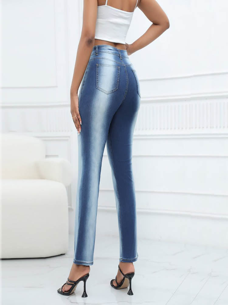 Gradient Color Denim Stretch Woven Straight Trousers