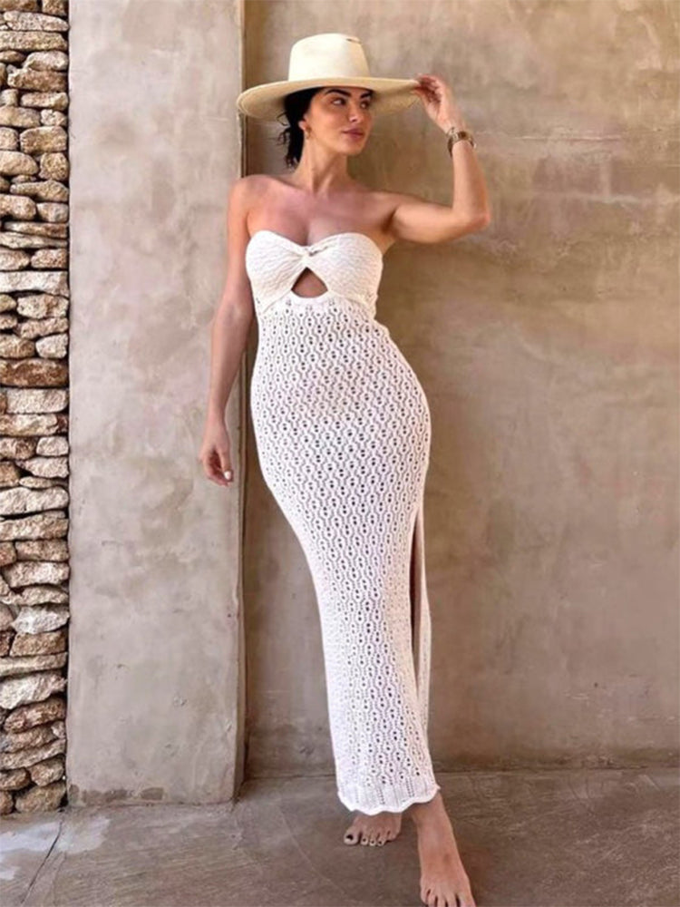 Long Maxi Sundress with Side Slit in White Lace