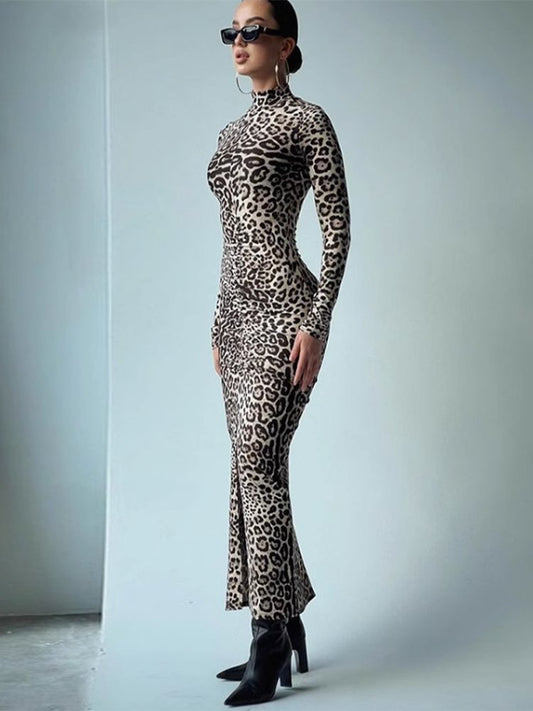 Leopard Print High Neck Split Hem Midaxi Dress - Thingy-London