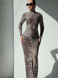 Leopard Print High Neck Split Hem Midaxi Dress - Thingy-London