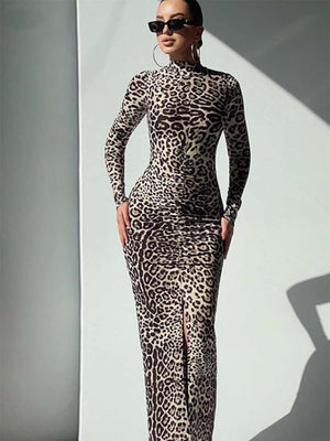 Leopard Print High Neck Split Hem Maxi Dress