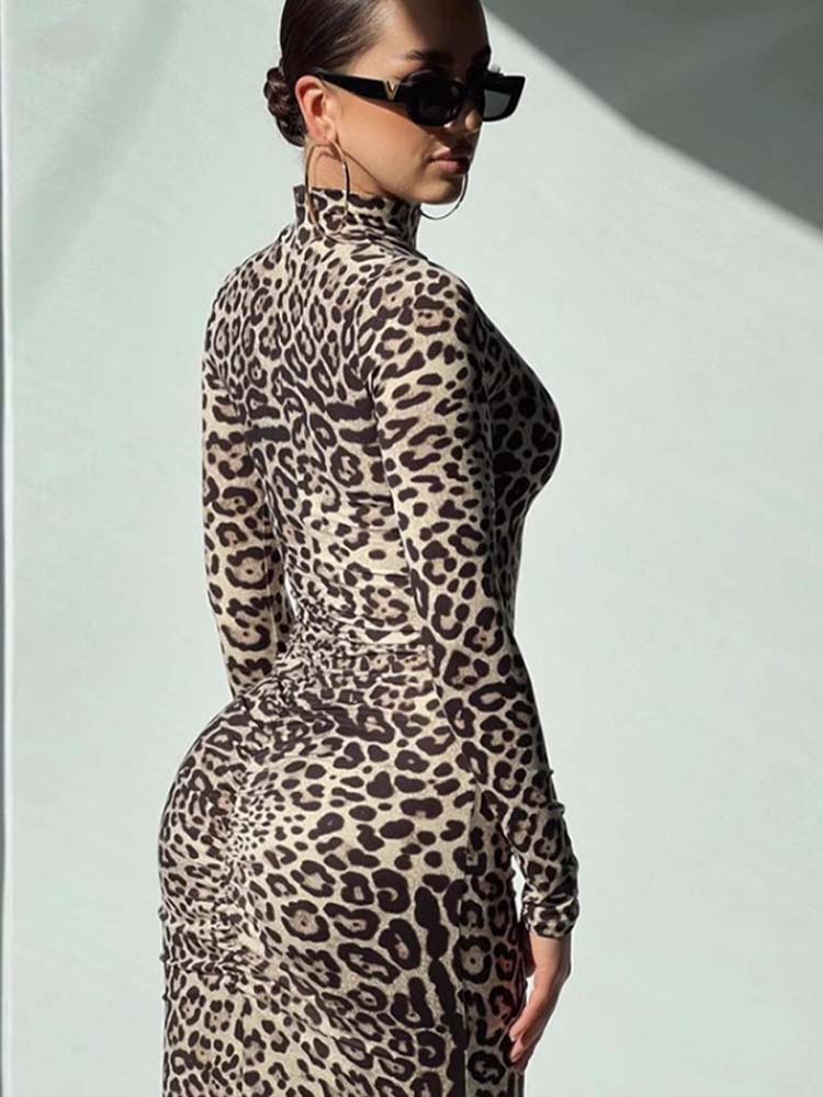 Leopard Print High Neck Split Hem Midaxi Dress - Thingy-London