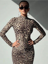 Leopard Print High Neck Split Hem Midaxi Dress - Thingy-London