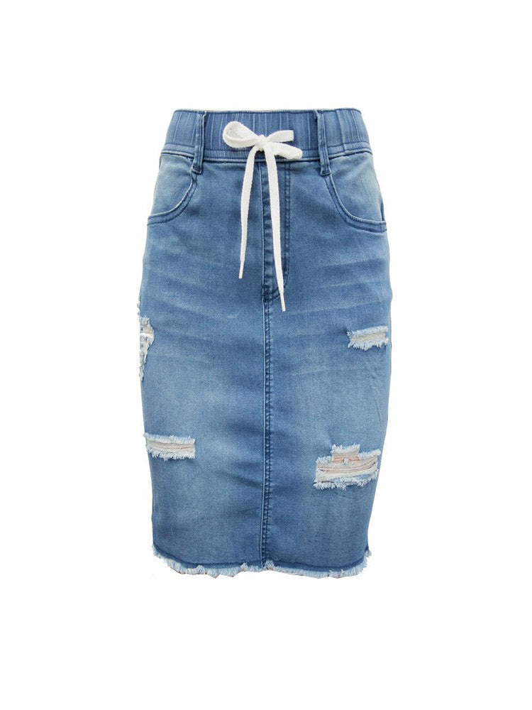 Mittelblauer verwaschener Jeans-Minirock mit 4 Taschen und Hüftwickel