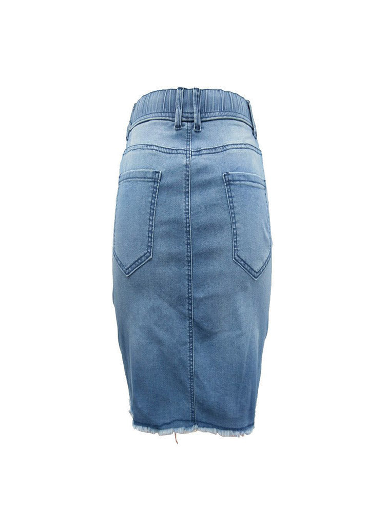 Mittelblauer verwaschener Jeans-Minirock mit 4 Taschen und Hüftwickel