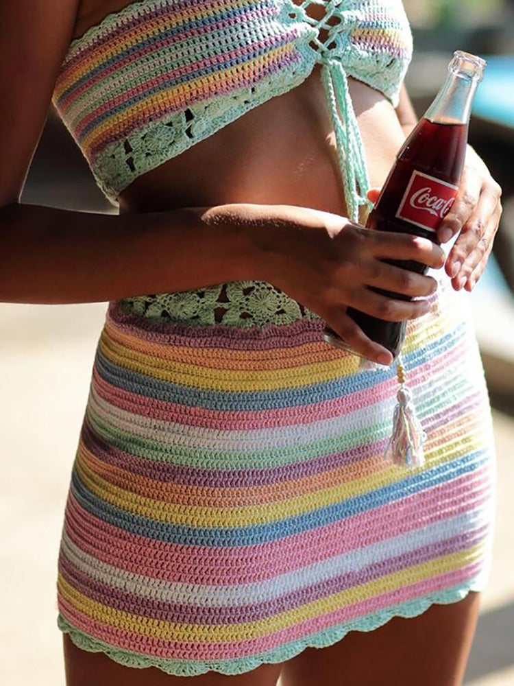 Lace Up Crochet Swimsuit Women Handmade Bikini Set Tube Top Skirt Matching Set Rainbow Striped Bobo Swimsuit Summer