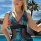 Printed V-neck Mesh One Piece Swimsuit - Thingy-London