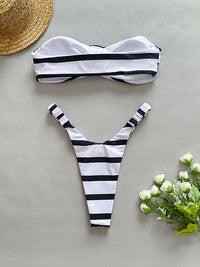 Women Striped Swimsuit Low Waist Strapless Bikini Set with Flower